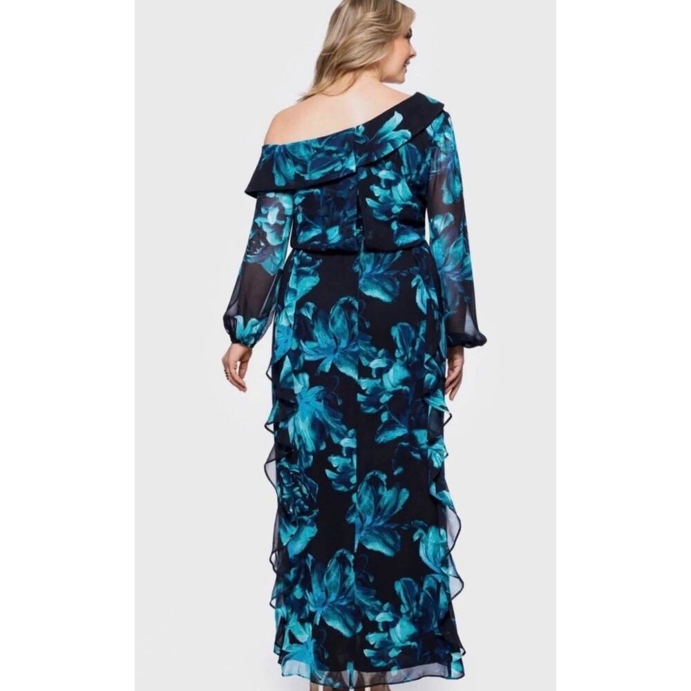 XSCAPE Blue Evening Gown Floral Chiffon Ruffled One Shoulder Maxi Dress Size 16W - Picture 2 of 4